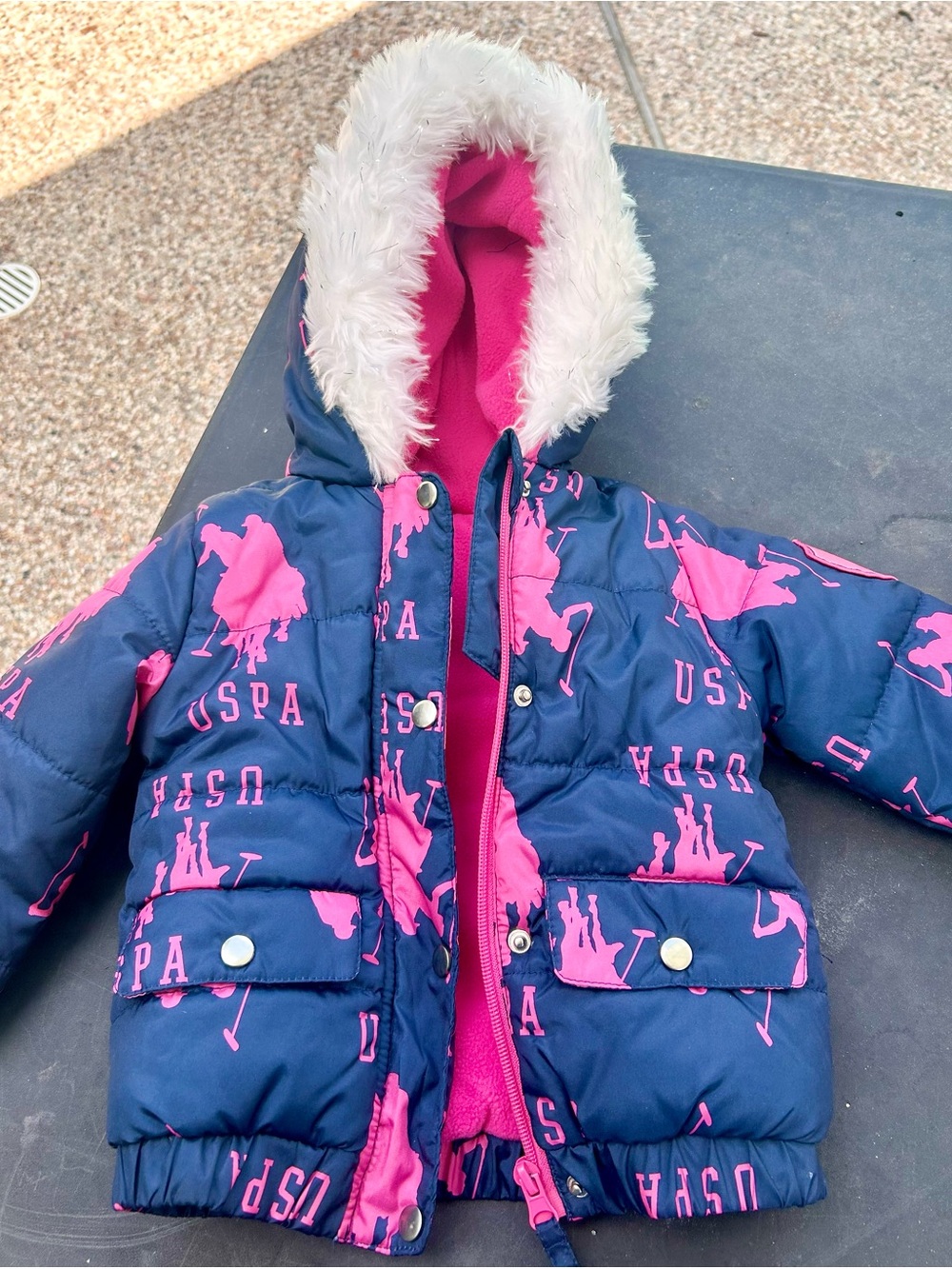 U.S. Polo Assn. Navy and Hot Pink Girls Puffer Jacket with Faux Fur Hood